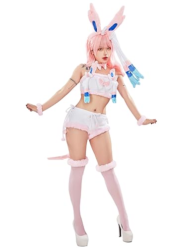 Mobbunny Women Cute Pajamas Set Pink Furry Tube Top and Shorts Anime Cosplay Homewear Sleepwear - Small - Pink
