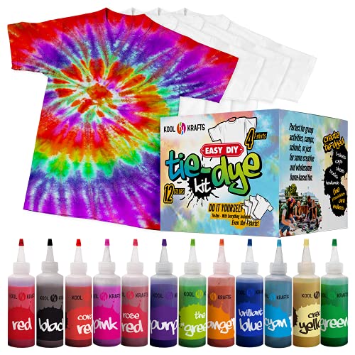 KOOL KRAFTS Tie Dye Kit, All-Inclusive with 12 Vibrant Colors, 4 White T-Shirts - Perfect for Kids & Adults - Fun Tie Dye Party Supplies! Tie Dye Kits for Kids Age 8-12, Tie Dye Kit for Kids - T-Shirt