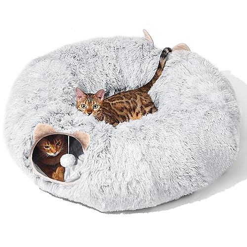 Cat Tunnel with Cat Bed for Indoor Cats, Soft Plush Peekaboo Cat Cave Donut Tunnel, Multifunctional Cat Playground Toys Hideplace for Small Medium Large Cats, Kittens, Rabbit, Ferret (Grey) - GREY