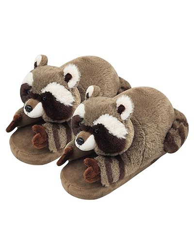 Openhahaha Funny Animal Slippers for Women, Cartoon Cute Fluffy Animal Slippers Cotton Soft Memory Foam Indoor Slippers,Birthday Gifts for Women - One Size Women/One Size Men - Raccoon
