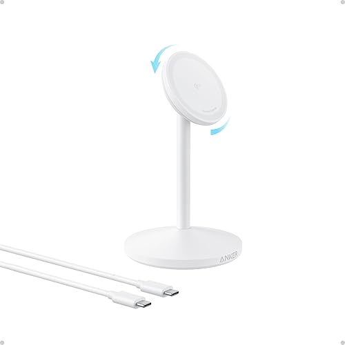 Anker MagGo iPhone 16 MagSafe-Compatible Wireless Charger Stand, 15W Fast Wireless Charging Station, Qi2 Certified 360° Rotation Charger, Exclusively for iPhone 16/15/14/13/12 and AirPods (No Adapter) - White