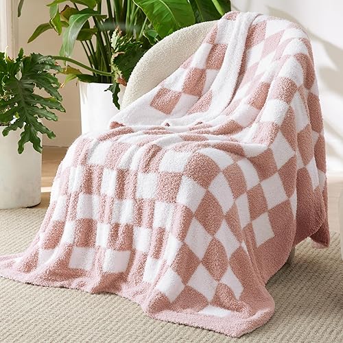 Bedsure Checkered Throw Blankets for Couch - Pink Fluffy Fuzzy Plush Soft Reversible Checkerboard Blanket for Sofa and Bed, Cozy Warm Lightweight Throws for Women and Girls (50" x 60") - Throw (50" x 60") - Checkered Pink