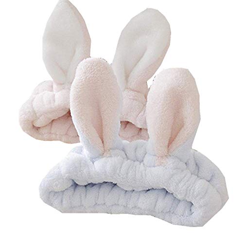 bouti1583 Women Fashion Soft Flannel Bunny Ear Makeup Cosmetic Shower Elastic Headband 2Pcs - Pink,Light blue