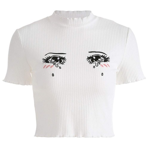 malianna Women Eyes Embroidery T-Shirts Harajuku Kawaii Short Sleeve Crop Tees - White Medium