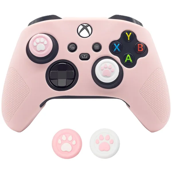 BRHE Cute Skin Cover for Xbox One / Series X/S Controller Anti-Slip Silicone Grip Protective Case Accessories Set Wireless/Wired Gamepad Joystick with 2 Cat Paw Thumb Grips Caps (Pink) - Pink