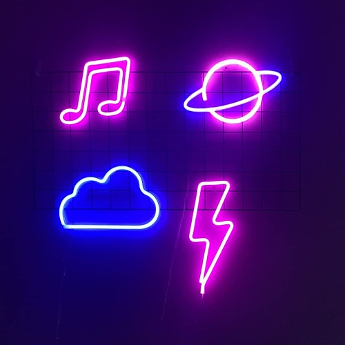 Led Neon Signs 4PCS Lights for Room Strips Battery Planet Lightning Clouds Musical Notes Personalised Nenon Light USB for Halloween Chrismas Party (4 PCS)