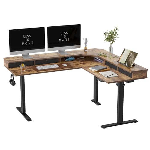 FEZIBO 160 x 60 cm L Shaped Standing Desk with 4 Drawers, Electric Standing Gaming Desk Adjustable Height, Corner Stand up Desk with Splice Board, Black Frame/Rustic Brown Top - 160*60cm - Rustic Brown