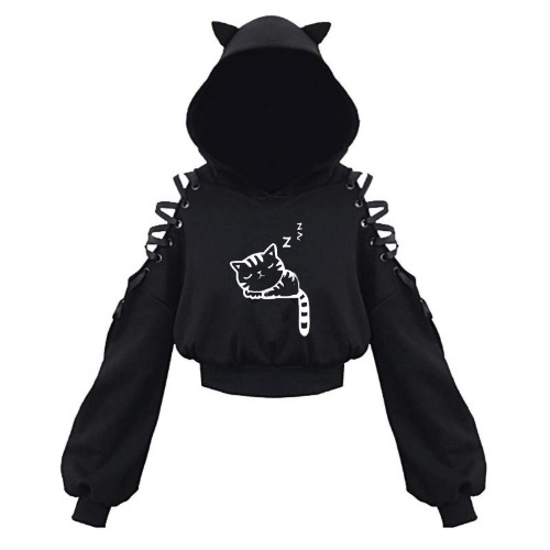 Halloween Women Hooded Sweatshirt Crop Top Autumn Long Sleeve Hoodie Cute Ear Cat Print Hollow Out Pullover Sweatshirt Blouse for Teen Girl