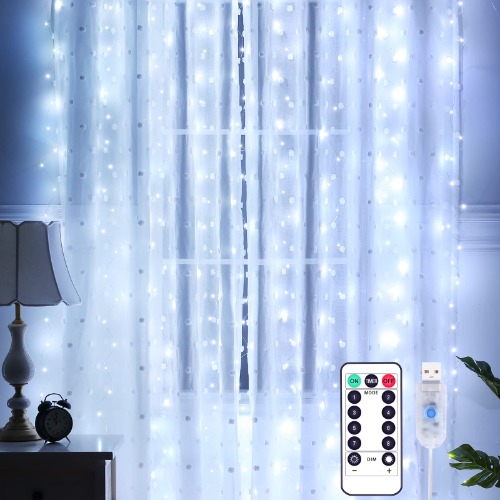 Yizhet Curtain Lights 3m x 3m Curtain Fairy Lights, 300 LED Curtain String Lights 8 Modes Hanging Fairy Lights, Remote Control Waterproof Fairy Lights Curtain for Bedroom, Wedding, Party (Cool White)