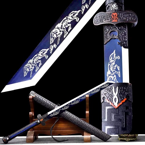 VARWANEO Leather Scabbard Chinese Kungfu Saber Jian Wushu Broadsword Dao Sword Katana Blue High Carbon Steel Wolf Blade Sharp Outdoor/Hunting Battle Knife - 