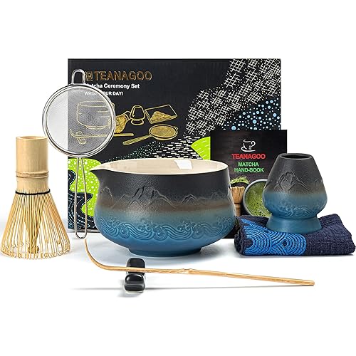 TEANAGOO 7 Pcs Matcha Whisk Set, Ceramic Matcha Set, Matcha Kit for Ceremony, Matcha Tea Set for Making Breakfast/Matcha Latte, Matcha Whisk and Bowl with All Accessories, Gift for Matcha Lover - 7pcs/set, Bowl with pouring spout - Gradient Navy Black++