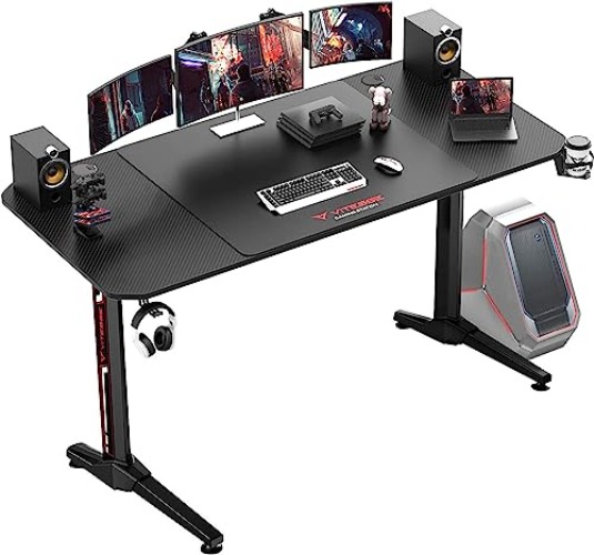 VITESSE Gaming Desk 63 Inch, Ergonomic Gamer Computer Desk with Mouse Pad, PC Gaming Tables with Gaming Handle Rack, Cup Holder Headphone Hook - 63 inch - Black