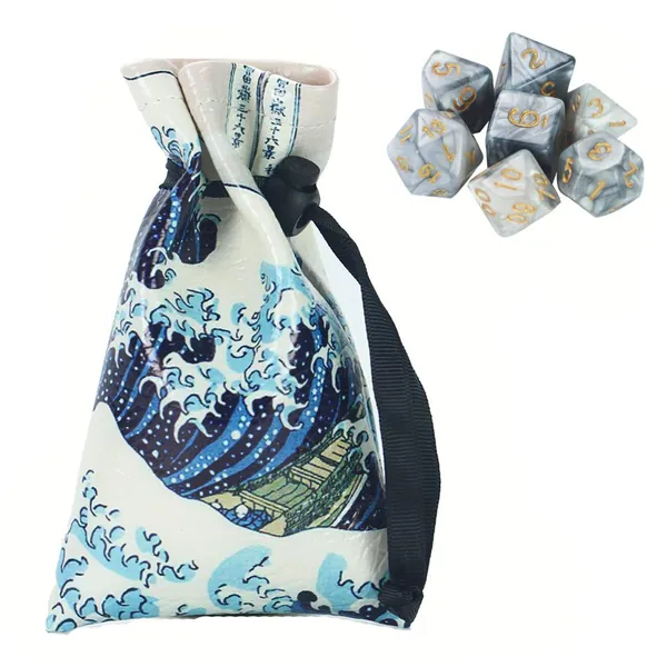 QIELIZI DND Dice Bag Pouch,PU Leather Dragon Dice Pouch Wih 7 Die Set Perfect for Dungeons and Dragons RPG D&D Dices, Coins and Accessories(Huge Wave) - 1-huge Wave