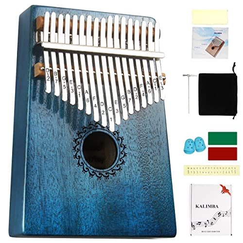 FLSEPAMB Kalimba 17 Key Thumb Piano with Mahogany Wood Portable Mbira Finger Piano Gifts for Kids and Piano Beginners Professional (Blue) - Blue