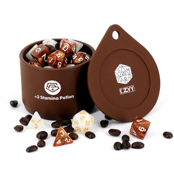 DND Coffee & Sugar Themed Dice Set (14 PCS) with +3 Stamina Potion Silicone Mug for Storage, 7 Acrylic Resin Polyhedral Gaming Dice for Dungeons and Dragons, Pathfinder and Tabletop RPG