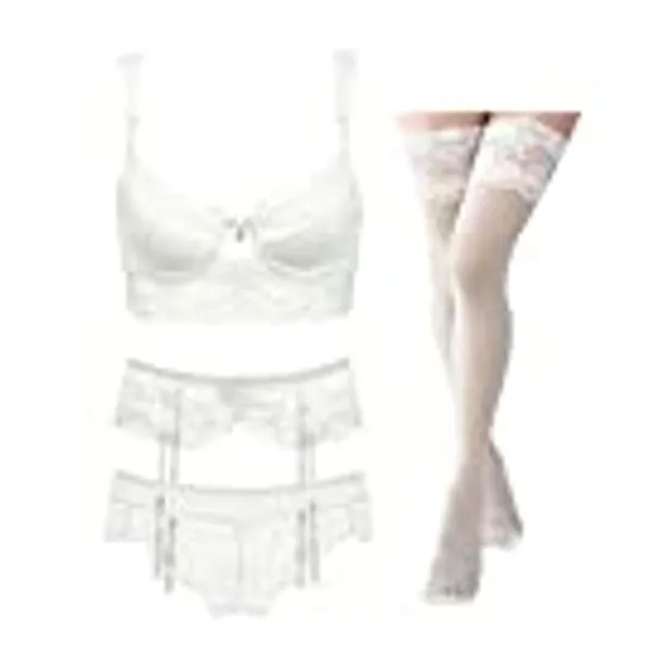Lingerie Set Lace Bras Set for Women Bra and Panties and Garter Belt and Socks 4 Piece