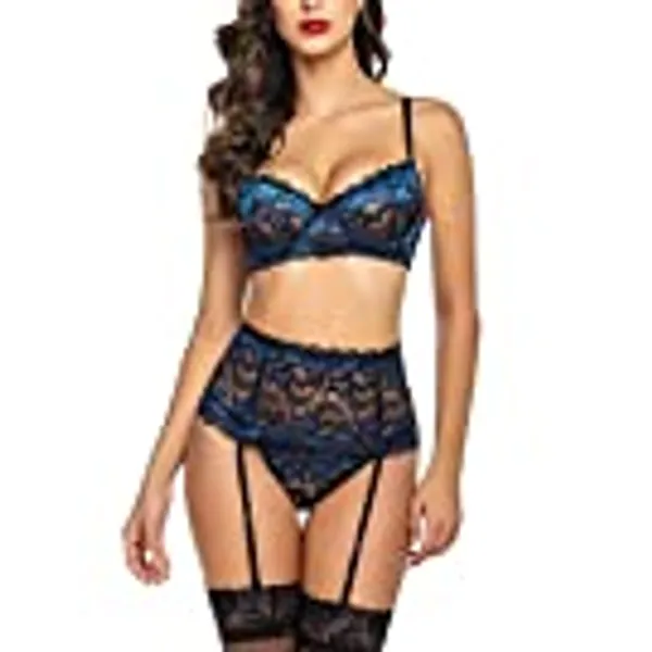 Avidlove Women Lace Lingerie Set with Garter Belts Underwired Bra and Panty Set S~XXL