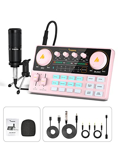 Podcast Equipment Bundle-MAONO MaonoCaster Lite -Audio Interface-All in One-Podcast Production Studio with 3.5mm Microphone for Live Streaming, Podcast Recording, PC, Smartphone (AU-AM200-S1 Pink) - Pink