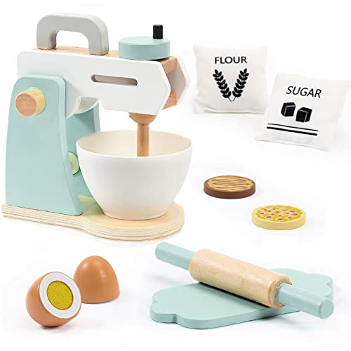 Play Kitchen Accessories, Frogprin Wooden Toy Mixer Set, Pretend Play Food Sets for Kids Kitchen - Includes Extra Egg, Rolling Pin, Cookies, Sugar, Flour - Wooden Mixer Set