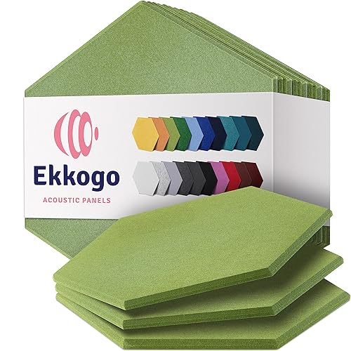 Ekkogo Acoustic Panels - 12-Pack Soundproof Wall Panels, 14"X12.1"X0.4", High Density Sound Dampening - Gin Green Hexagon - Large Hexagon 12 Pack - Gin Green