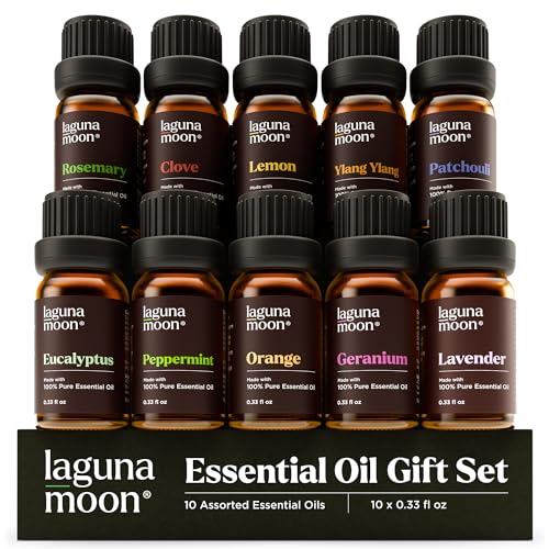 Lagunamoon 10-Pack Organic Essential Oils Set, 10mL, Top 10 Scents for Aromatherapy, Massage, Candle Making, Soap Scents, Office, Skin & Hair Care - 10-Pack w Gift Box | Organic Essential Oils Set - 10 Fl Oz (Pack of 1)