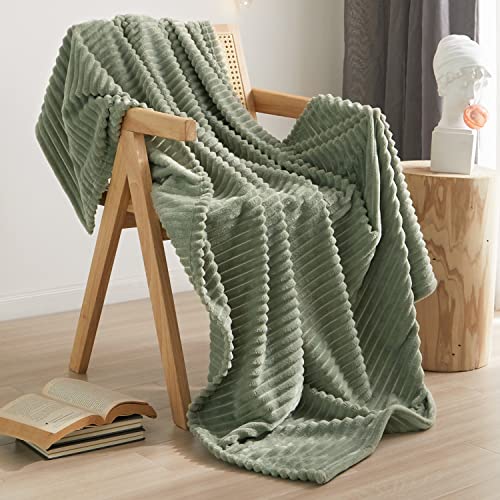 Geniospin Fleece Throw Blanket, 280GSM Extra Soft Lightweight Blanket with Strip, Plush Fuzzy Cozy Blankets and Throws for Couch, Bed, Sofa Cozy, Warm and Breathable (Sage Green, 60x80 inches) - Sage Green - 60"x80"