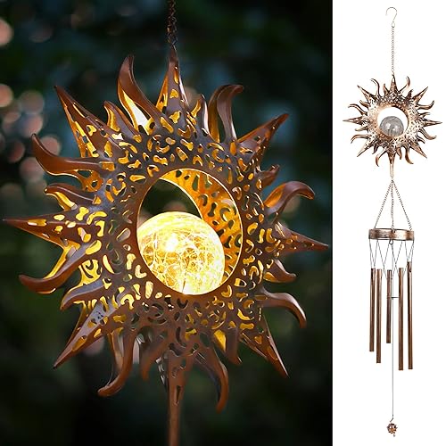 DesGully Solar Wind Chimes, Sun Wind Chime Outdoor Clearance w/Glowing Crackle Glass LED Unique Wind Bells for Outside Waterproof Chimes, Gifts for Her/Him (42" Long Metal Chimes)… - Sun
