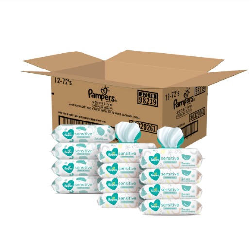 Baby Wipes, Pampers Sensitive Water Based Baby Diaper Wipes, Hypoallergenic and Unscented, 8 Pop-Top Packs with 4 Refill Packs for Dispenser Tub, 864 Total Wipes (Packaging May Vary)
