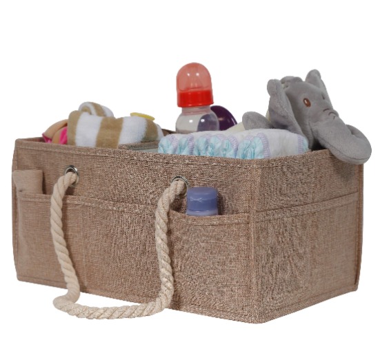 Burlap Baby Diaper Caddy Organizer - Premium Large Natural Burlap Organizer with Rope Handles. Great Storage Organization Basket for Changing Newborn Diapers. Great Nursery Decor or Portable Baby Bag