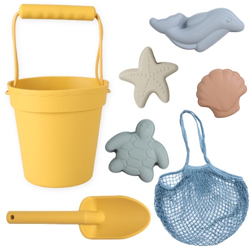 BLUE GINKGO Silicone Beach Toys - Modern Baby Beach Toys | Travel Friendly Beach Set | Silicone Bucket, Shovel, 4 Sand Molds, Beach Bag | Silicone Sand Toys for Toddlers, Kids - Yellow - Yellow