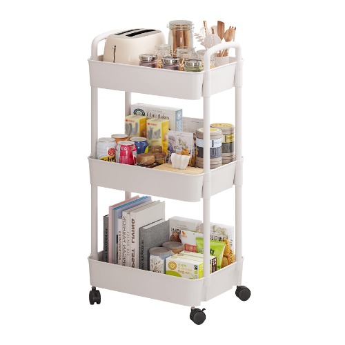 Sywhitta 3-Tier Plastic Rolling Utility Cart with Handle, Multi-Functional Storage Trolley for Office, Living Room, Kitchen, Movable Storage Organizer with Wheels, White