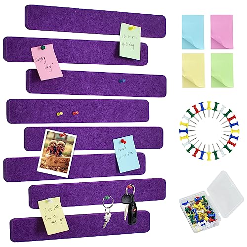 Vuzvuv 8Pcs Purple Cork Board Bar Strips with 50 Pushpins & Sticky Notes, Self-Adhesive Bulletin Board Strips No Damage for Wall, Felt Pin Board for Paste Notes, Photos, Schedules Office Decor - Rectangle - Purple