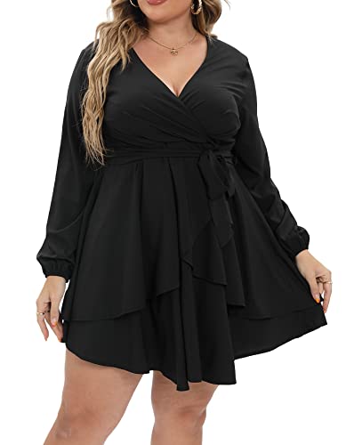 ALLEGRACE Plus Size Dress Women Sexy Casual Long Sleeve Ruffle Wrap Swing Mini Dresses - 26 Plus - Black