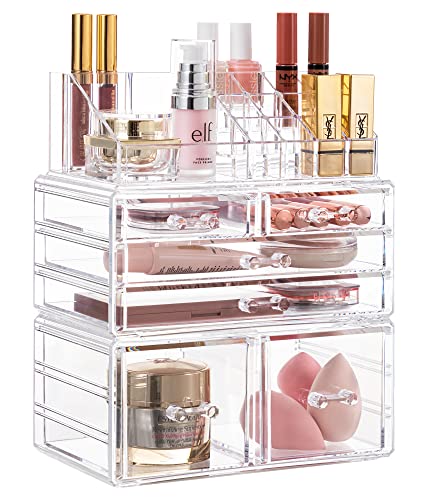 HBlife Acrylic Clear Dustproof Makeup Storage Organizer Drawers Large Skin Care Cosmetic Display Cases for Bathroom Stackable Storage Box with 6 Drawers for Vanity (Clear) - Clear