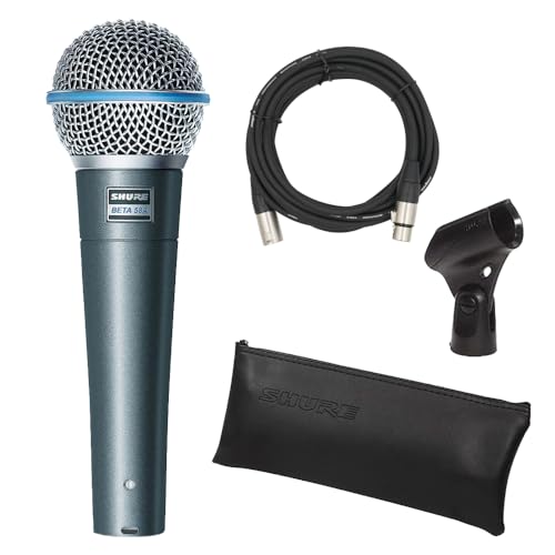 Shure BETA 58A Vocal Microphone - Single Element Supercardioid Dynamic Mic for Stage and Studio, includes XLR Cable, A25D Adjustable Stand Adapter, 5/8” to 3/8” (Euro) Thread Adapter and Storage Bag - Microphone + XLR Cable