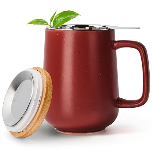Happy Lemuro Tea Mug with Infuser and Lid – 17 oz - Ceramic Mug with Lid - Tea Infuser Mug – Loose Leaf Tea Steeper Mug - Steeping Tea Cup with Large Handle - Tea Infuser Cup - Red