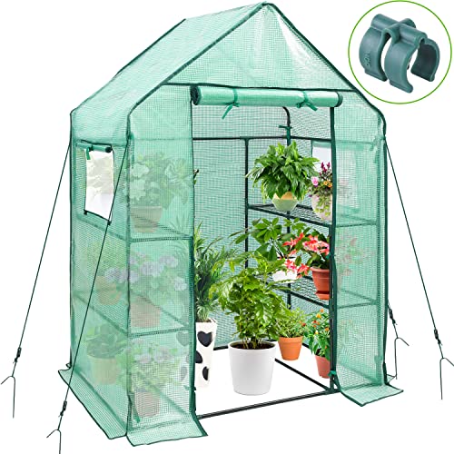 Ohuhu Greenhouse for Outdoors with Mesh Side Windows, 3 Tiers 4 Shelves Small Walk-In Green House Plant Stands Plastic PE Cover Outside Portable Warm House for Seedling Flowers Growing, 4.8x2.5x6.4 FT - PE - 3 tiers 4 shelves