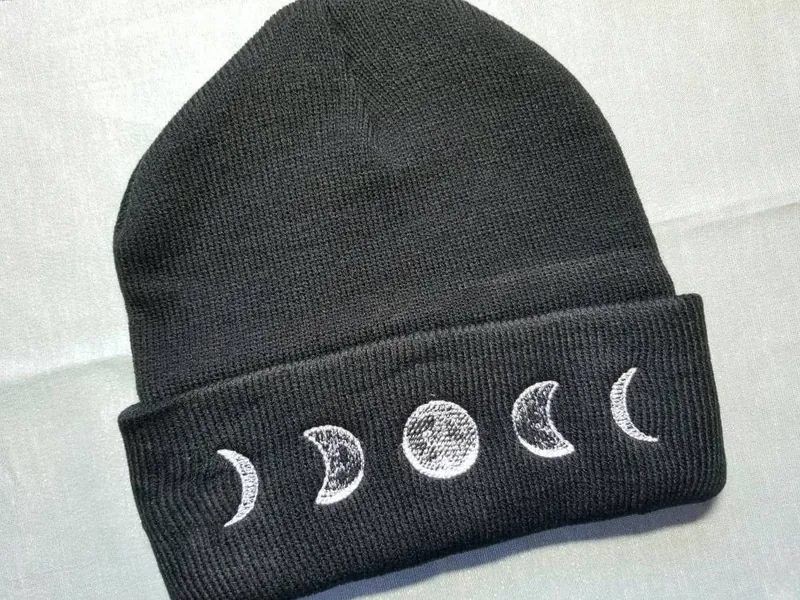 Moon phase beanie, black beanie, embroidered beanie, embroidered moon phase hat, embroidered hat, black winter hat, embroidered winter hat