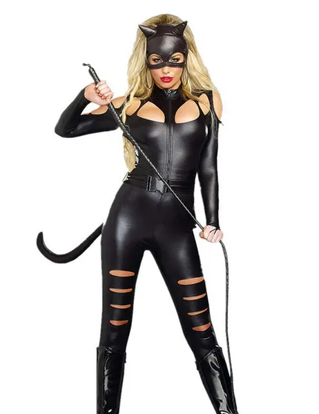 Forever Young Ladies Sexy PVC Faux Leather Catfight Catsuit Fancy Dress Costume Jumpsuit Full Outfit