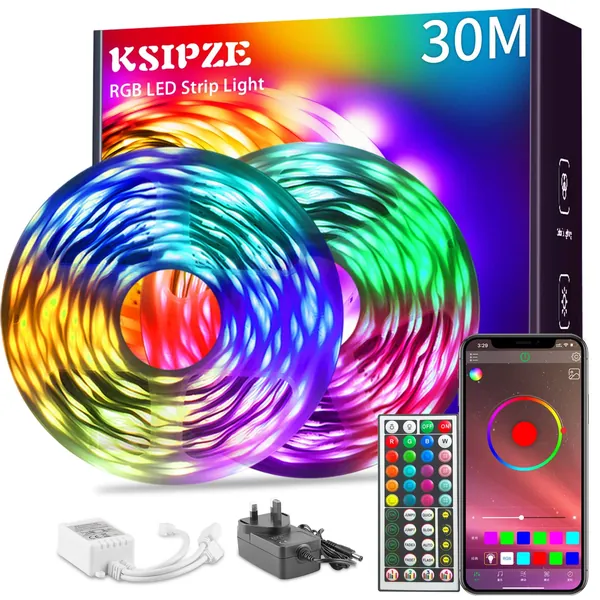 Ksipze 30m Led Strip Lights(2 Rolls of 15m) RGB Music Sync Color Changing, Led Lights with Smart App Control Remote, Led Lights for Bedroom Lighting Flexible Home Decoration
