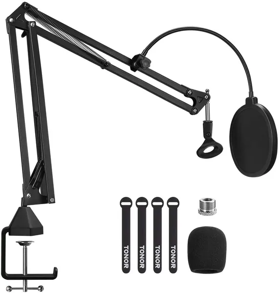 Microphone Arm Stand, TONOR Adjustable Suspension Boom Scissor Mic Stand with Pop Filter, 3/8" to 5/8" Adapter, Mic Clip, Upgraded Heavy Duty Clamp for Blue Yeti Nano Snowball Ice and Other Mics (T20)