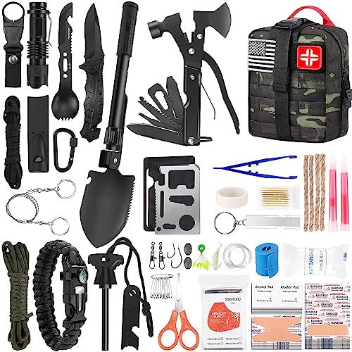 LUXMOM Survival Kit and First Aid Kit, 142Pcs Professional Survival Gear and Equipment with Molle Pouch, for Men Camping Outdoor Adventure/Gifts for Men Dad Christmas