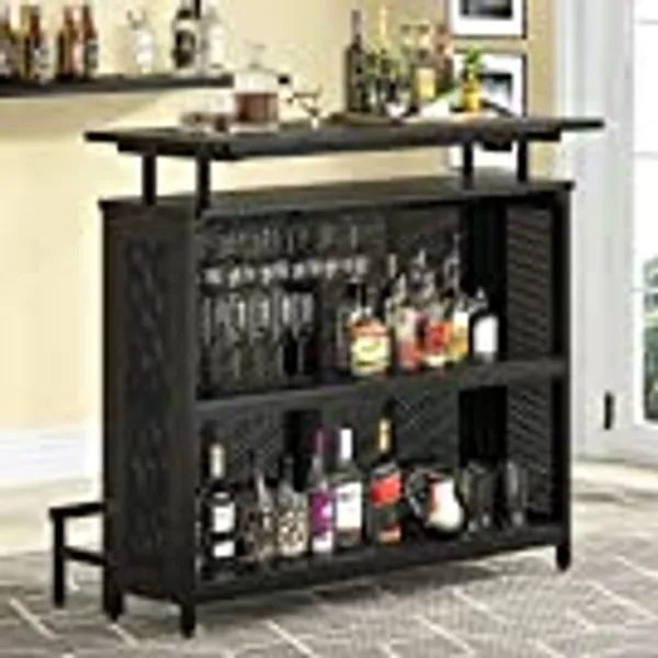 Tribesigns Home Bar Unit, 3 Tier Liquor Bar Table with Stemware Racks and Wine Storage Shelves, Wine Bar Cabinet Mini Bar for Home Kitchen Pub (Black)