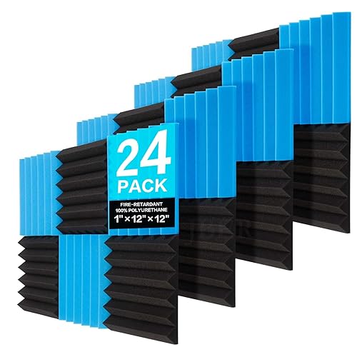 JBER 24 Pack Blue and Charcoal Acoustic Panels Studio Foam Wedges Fireproof Soundproof Padding Black Wall Panels 2" X 12" X 12" - 2" of 24 PACK - BLACK/BLUE