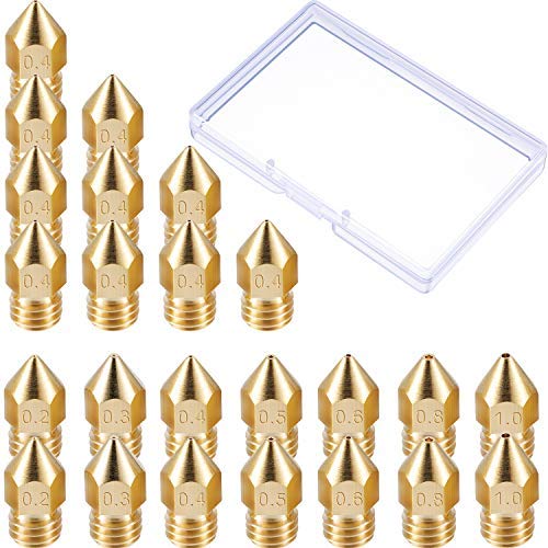 Leinuosen 24 Pack 3D Printer Extruder Nozzles MK8 Nozzle 7 Different Size 0.2 mm, 0.3 mm, 0.4 mm, 0.5 mm, 0.6 mm, 0.8 mm, 1.0 mm with Clean Box Compatible with Makerbot Creality CR-10 - 
