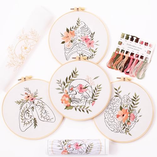 4p Embroidery starter kit with Abstract art patterns and instructions, DIY adult beginner cross stitch kits, including 2 plastic embroidery hoop, 1 pair of scissors, colored threads and needles - Beige