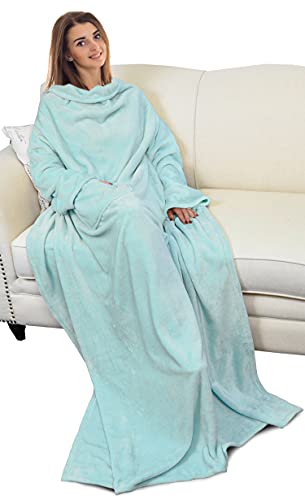 Catalonia Wearable Blanket with Sleeves and Pocket, Cozy Soft Fleece Mink Micro Plush Wrap Throws Blanket Robe for Women and Men - Aqua