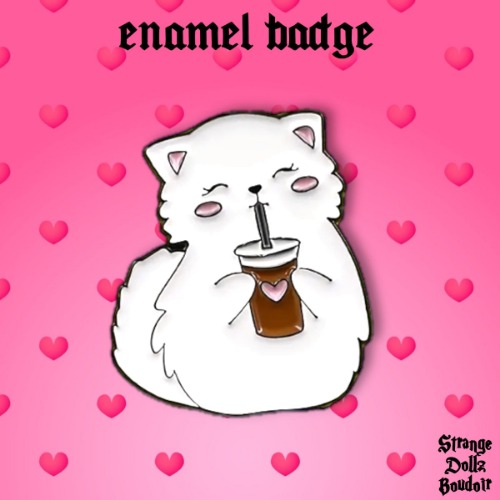 Cute caffeinated cat enamel badge pin, Strange Dollz Boudoir