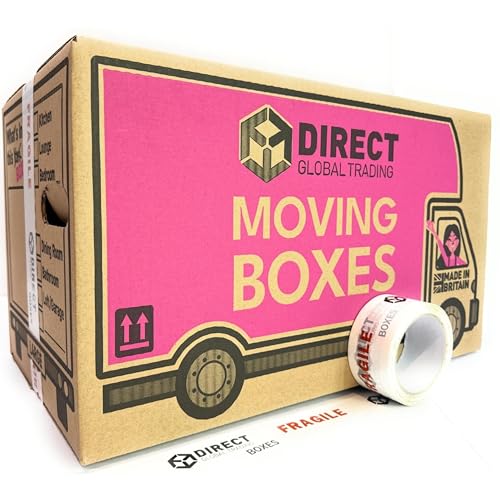 40 Strong Large Cardboard Storage Packing Moving House Boxes with Fragile Tape 52cm x 30cm x 30cm 47 Litres Carry Handles and Room List