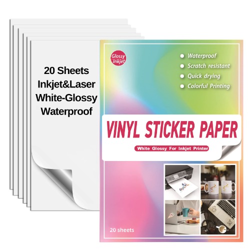 2021 Newest Waterproof Printable Vinyl Stickers Paper for Inkjet Printer- 20 Glossy Sticker Paper White Decal Cricut Sheets A4 - Holds Ink Beautifully & Dries Quickly
